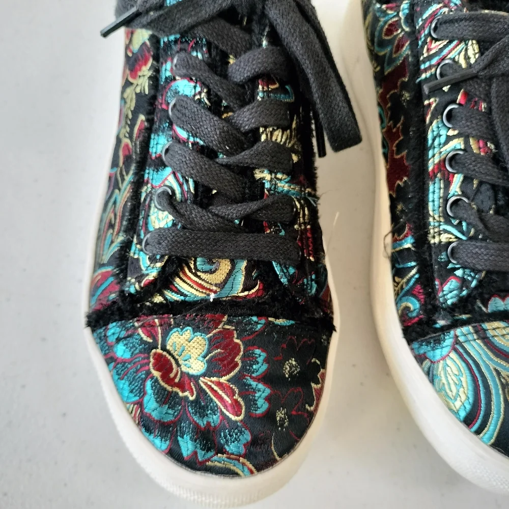 Rock & Candy Silky Black Floral Brocade Frayed Edges Sneakers 7 Goth Rock Artsy